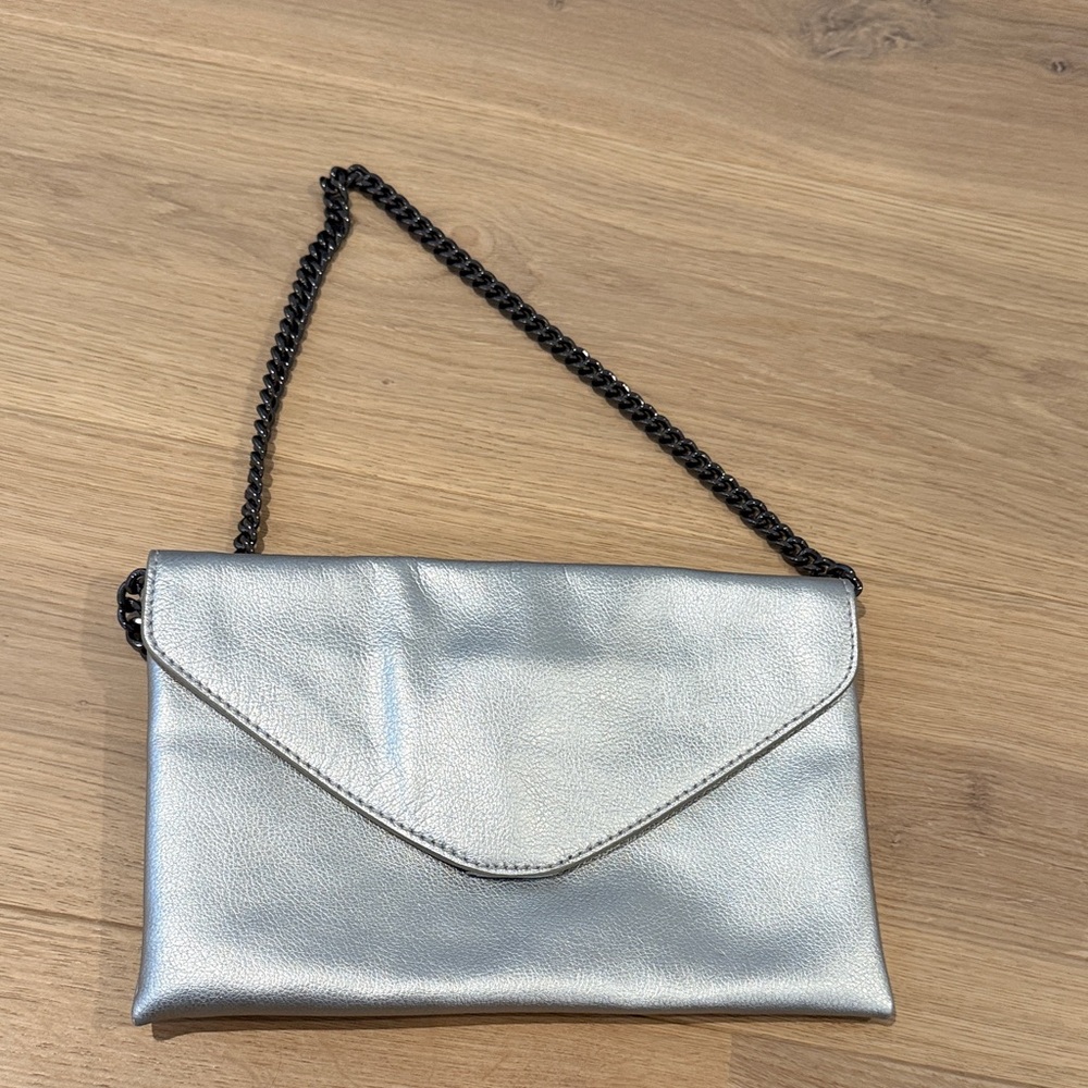 J. Crew Metallic Silver Clutch with Black Chain